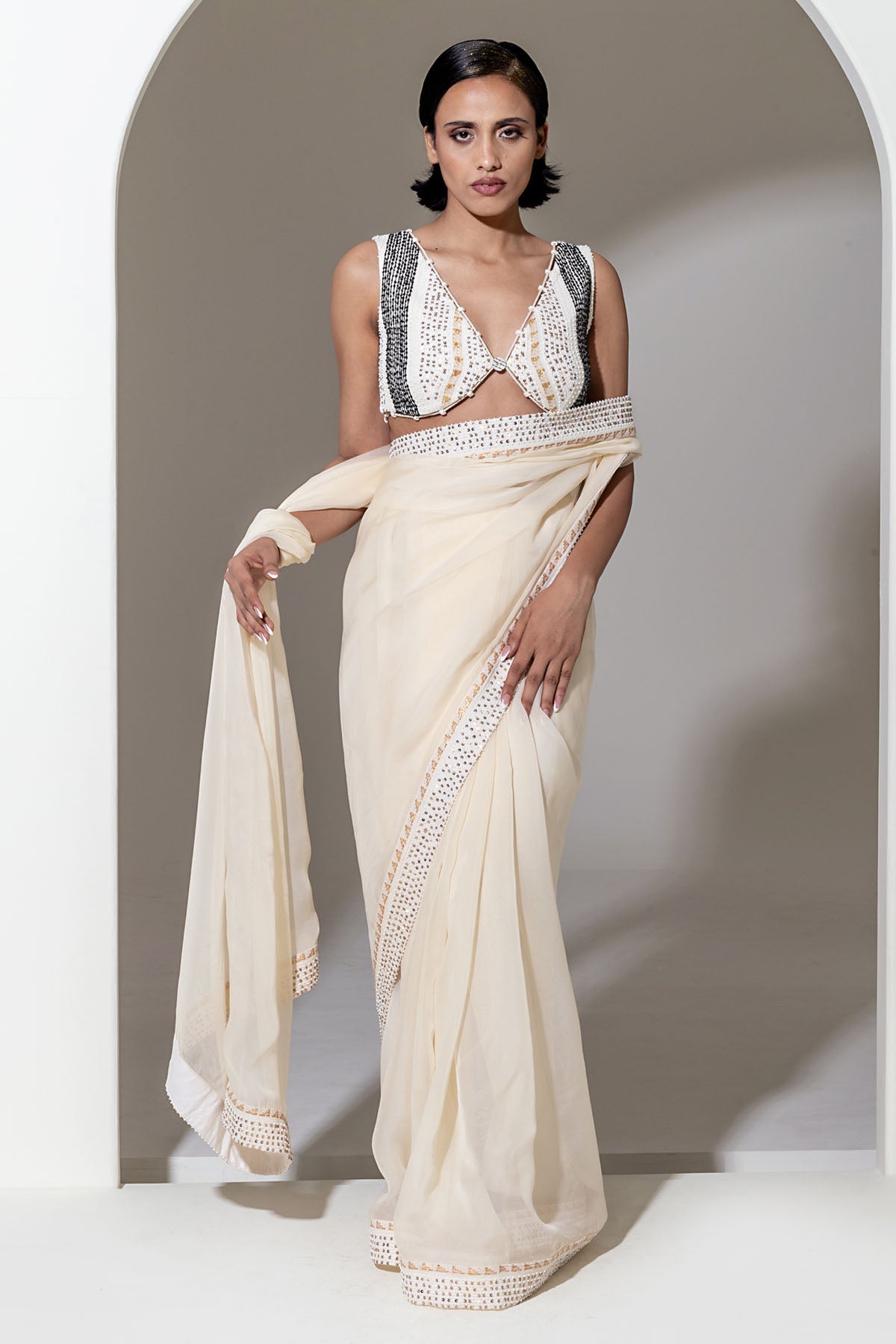 Designer Kusmi Moonlight Mirage: Ivory Organza's Shimmering Embrace For Women at ScrollnShops